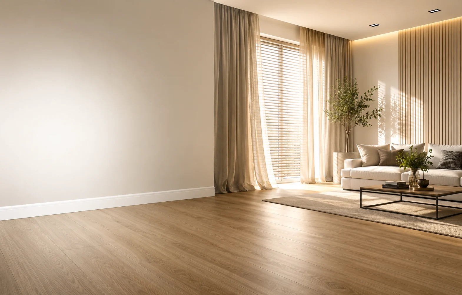 Sala com piso laminado, rodapé branco, cortina e persiana instalados pela R&C Pisos